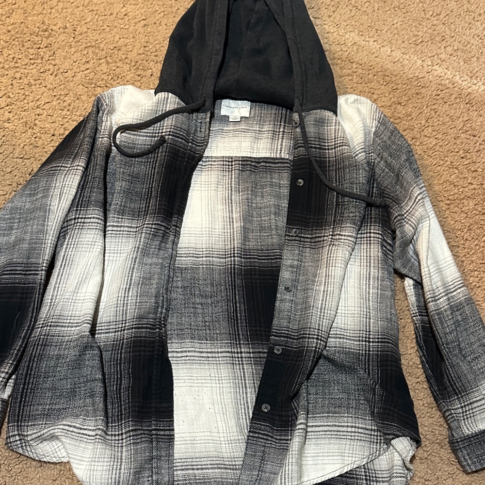 American Eagle Black and White Plaid Hooded Shirt